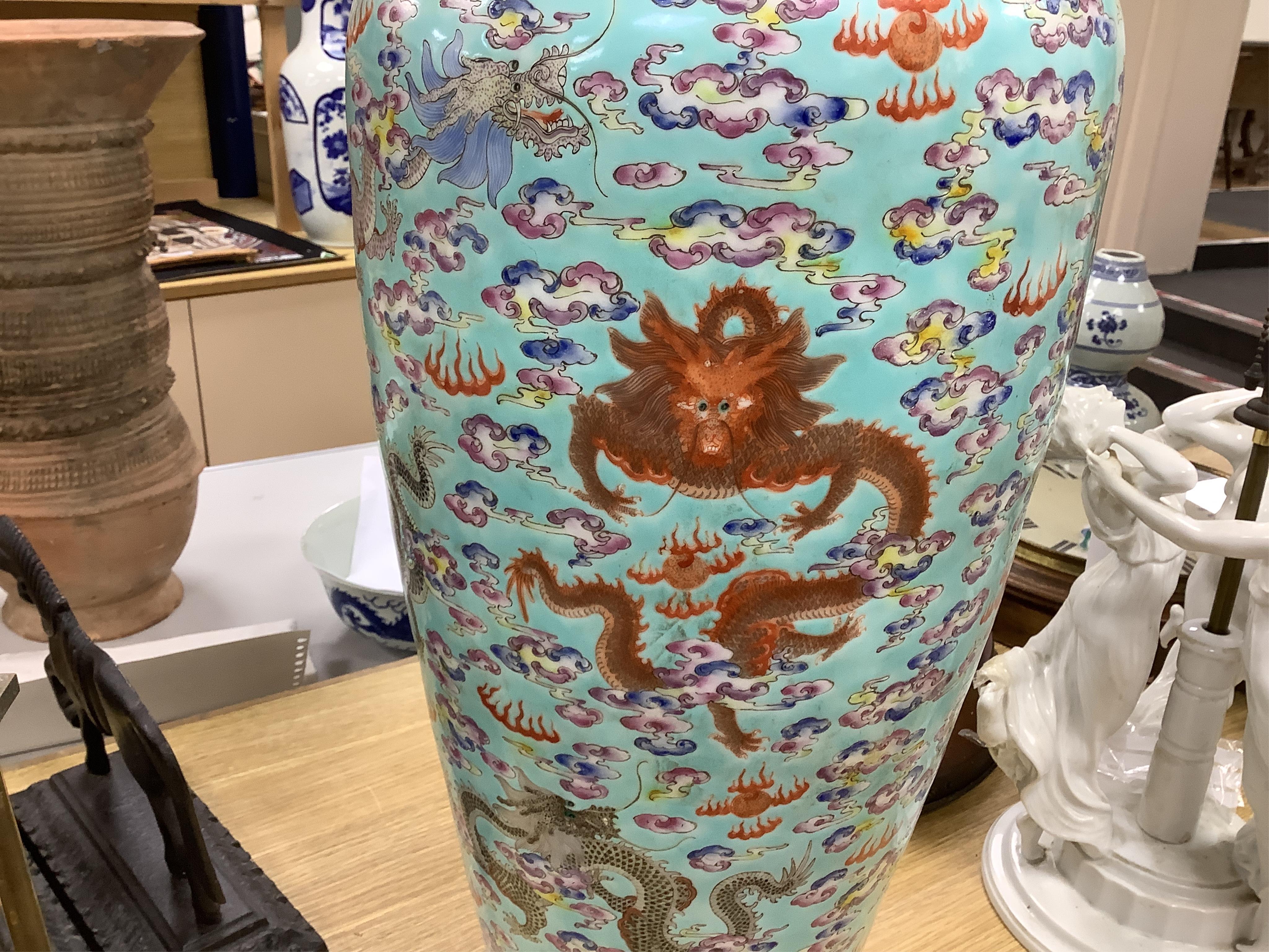 A large Chinese turquoise ground 'dragon' vase, 60cm high